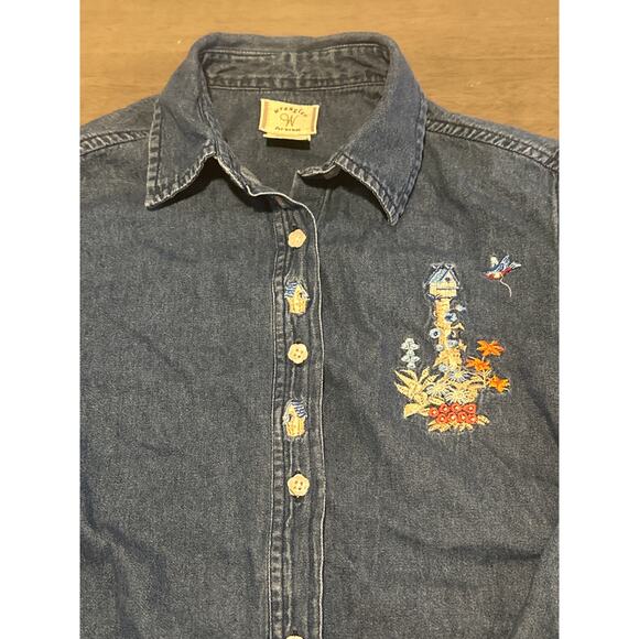 Wrangler womens button up denim Shirt embroidered bird detail size Small S rare - Picture 2 of 7